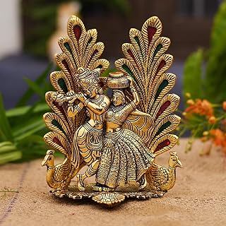 Collectible India Peacock Design Radha Krishna Idol Showpiece with Diya for Puja and Home Decor (7 x 5 Inches), Metal, Gold (1 Piece)