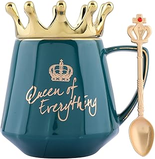 NYRWANA Coffee Mug, Gift for Woman, Birthday Present for Girlfriend, Wife Gift for Anniversary, Queen of Everything Mug with Golden Crown & Spoon (350ml-Green)