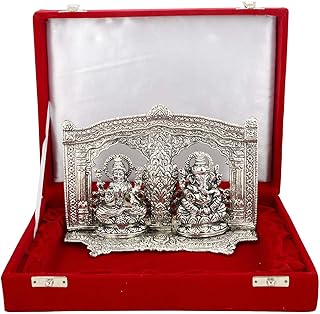 Lavanaya Silver - Ganesh Laxmi Statue (26 cm X 5 cm X 19 cm, Silver Plated), Diwali Gift, Laxmi Ganesh Idol for Gift (Silver 2)