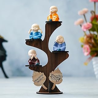 eCraftIndia Set of 4 Monk Buddha Statue Showpiece with Wooden Stand for Peaceful World | Resin Buddha Idols for Home Decor Living Room Office | Gift for Diwali Birthday Housewarming Buddha Purnima