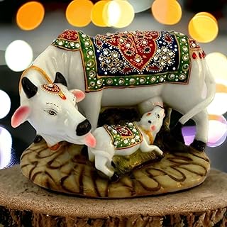 SAUDEEP INDIA Good Luck Gift Items Art Handicraftgiftgallery Decorative Marble dust/Polyresin Cow and Calf Showpiece Idols and Figurines(White)