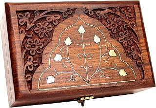 HusNain Handmade Wooden Jewellery Box for Women - Jewel Organizer Hand Carved with Intricate Carvings Gift Items Vanity box Organiser For Women, Storage, Gold, Cash, Money (SMALL (6 x 4 inches))