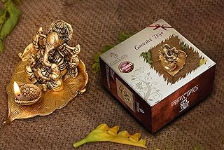Collectible India Ganesh Diya Return Gift Metal Ganesha on Leaf Idol for Pooja | Wedding Corporate Gift Items for Home Decorative with Gift Box | Diya for Puja Pooja Gifting