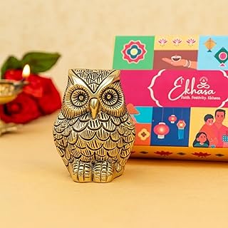 Ekhasa 100% Pure Brass Golden Owl Showpiece with Gift Box ? Good Luck Vastu Decor for Home Office Table Desk, Housewarming Wedding Engagement Gift Present for Couple, Vintage Owl Statue Decor Item