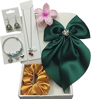 6-Piece Fashion Jewelry & Hair Accessory Gift Set for Women & Girls | Satin Hair Bow, Pendant Chain, Pandora-Style Bracelet, Oxidised Jhumki, Scrunchie & Big Flower Claw Clip | Random Colors & Designs