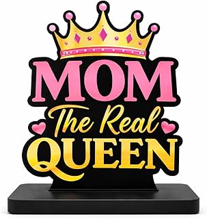 Wooden Tabletop Stand ?Mom The Real Queen? ? Mother?s Day Gift, Birthday Present for Mother, Desk Showpiece, Home Decor Item (15x15 cm)