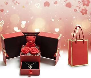 NYRWANA Gift for Women, Wedding Gift for Couples| Teddy Rose Box with Heart Necklace, ?I Love You? in 100 Languages | Birthday Present for Girlfriend, for Couple (Red Box)