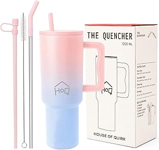 House of Quirk 1200ML Stainless Steel Tumbler with Handle & Lid, 2 Straws ? Large Travel Mug Water Cup for Gym, Office & Outdoor Use (Cotton Candy Haze)