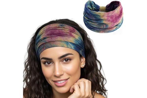 XFYT Boho Chic Tie-Dye Workout Hair Bands | Sweat-Proof Your Gym Fitness Soft Wide Head Band Running Yoga Sports Bandana for Girls Women (Mix Boho), Multi-coloured, Microfiber