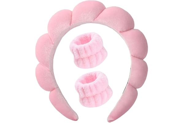 TEMPERIA Makeup Headband Wristband Set for Women & Girls | Hair Band for Facial Time | Head Bands Skincare Hairband for Spa | 3 Pieces Set | Pink