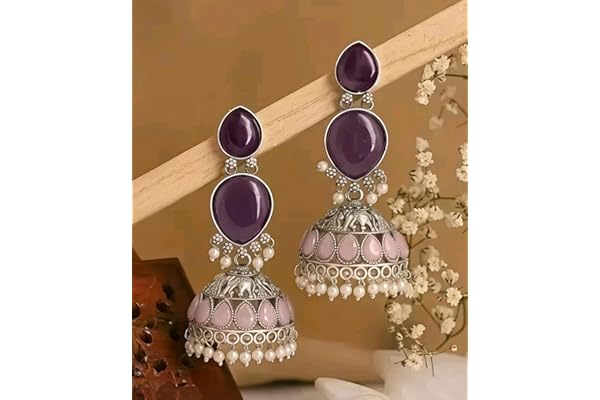 HRB PRODUCTS Oxidised Silver Jhumka Earrings with Purple Stones, Pink Teardrop Accents and Pearl Drops