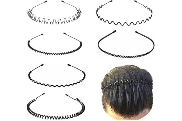 KLNEEDS Black Metal Hair Band for Men ? 6 Pcs Thin Wavy Non-Slip Adjustable Headbands for Women & Boys, Sports, Gym, Yoga, Running & Face Wash