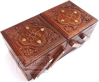Craftland wooden Jewellery Box (Brass n Carving) for Women/girls Flip Flap Handmade Gift, 8 Inches