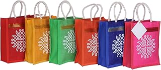 Women Jute Bags with Contrast Kolam Print for Return Gifts | Jute Thamboolam Bags for Return Gifts | Wedding Return Gifts Jute Bag -25X20X10 CM (Pack of 6), Assorted