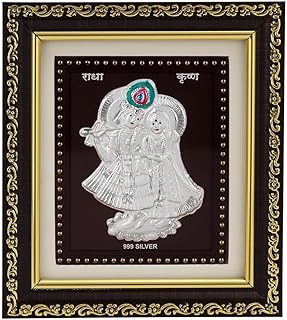 Hem Jewels 999 Pure Silver Radhe Krishna Photo Frame for Home & Office | God Frame for Pooja Room & Wall Decor | Premium Pure Silver Gifting Item for Wedding, Housewarming, Office, Wedding & Festival Gifts | Square Tabletop | W=12cm & H=13.5 cm | Certific