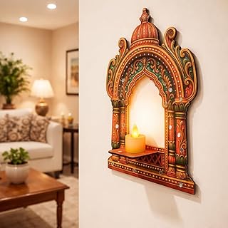 SATYAM KRAFT 1 Pcs DIY Traditional Jharokha Jarukha with Mirror kit & 1 pcs LED Candle, 2D Look Decorative Wooden MDF Wall Decor, Wall Hanging for Gifting, Traditional Showpiece for Home Decor, Living Room Décor, Wedding & Festival Decoration Items