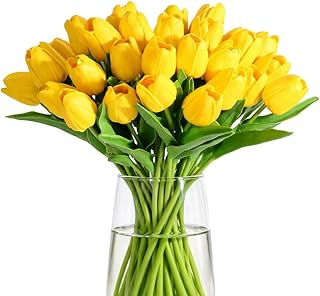 SATYAM KRAFT 10 Pcs Artificial Tulip Flowers Bunches for Vase, Home Decoration Items, Living Room, Corner Table Top Decor | Wedding, Anniversary Gifting & Party Decoration (Without Vase) (Yellow)