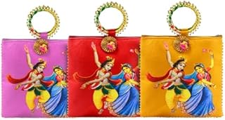 Women Potli Bags Pack of 3| Gifting Potli with Zip & Bangle Handle | Traditional Shagun Return Gifts Potli for Mehandi, Haldi, Baby Shower, Wedding, Sangeet (Radha Krishna)