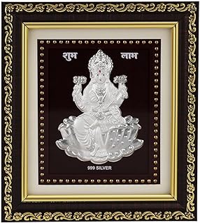 999 Pure Silver Laxmi Photo Frame for Home & Office | God Frame for Pooja Room & Wall Decor | Premium Pure Silver Gifting Item for Wedding, Housewarming, Office, Wedding & Festival Gifts | Square Tabletop | W=12cm & H=13.5 cm | Certificate Included