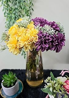 VRB DecTM 2 Bunch Dahlia Artificial Flower Bunc Fake Flowers for Gifting, Home, Office, Bedroom Decoration Items Flowers for vase (Without Vase Pot) (2 Pcs Yellow+Purple Bunch)