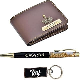 YOUR GIFT STUDIO Customized Birthday Gift Set for Men with Name & Charm | Personalized Leather Men's Wallet, Pen and Keychain | Personalized Gift Set for Husband, Father, Brother (Brown)