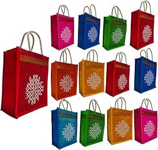 Maru Ecobags Jute Bags with Kolam design multicolor bags with zip,Thamboolam Bags,Wedding Return Gifts bag -8 * 10 * 3.5 inch, Side cloth Non Woven Fabric, Pack of 6