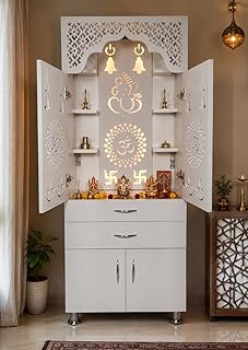 Big Size Designer Temple with Led Lights (Height: 145cm Pre-Assembled) Engineered Wood Home Temple (Height: 145, Pre-Assembled) | White