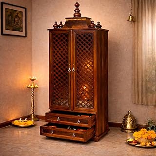 Solid Sheesham Wooden Home Temple Mandir with Doors & Storage Drawers | Wooden God Stand, Pooja Stand, Home Mandap, Mandapam for Devotional Use | Brown Finish