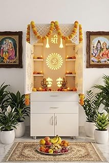 Wooden Pooja Mandir Temple for Home with LED Light | Shree Design | Wooden Temple with Doors & Storage Cabinet | Large Size 145 x 60 x 34 cm