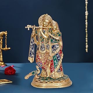 Amazon Brand - Umi Brass Radha Krishna Idol Statue with Peacock for Home Decor Temple | Height : 11.5 inches