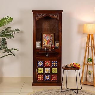 Premium Sheesham Wood Temple Big Size 5 Feet with Door Storage Cabinet | Wooden Mandir for Pooja Room Home | Honey Finish 60x147cm