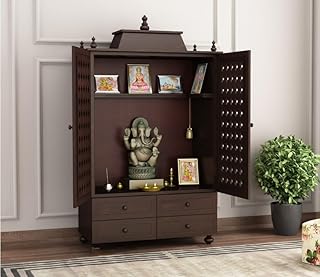 Solid Sheesham Wood Temple for Home & Office/Mandir/God Stand/Pooja Stand/Home Mandap/Mandapam with Cabinet Doors & Multiple Storage/Shelf with Drawers (Walnut2, 32x15x57 inch)