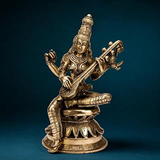 Kartique Brass Saraswati Idol with Veena, Antique Gold Finish, 12 Inches Height, for Home Decor, Pooja Room, and Gifts