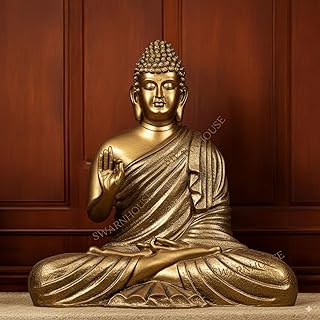 SwarnHouse Decors® 3 Feet Buddha Statue for Home Decor | Glossy Fiber Meditating Idol for Living Room | Bedroom & Outdoor Decoration | Large Antique Design Table & Desk Showpiece (Golden & Antique)