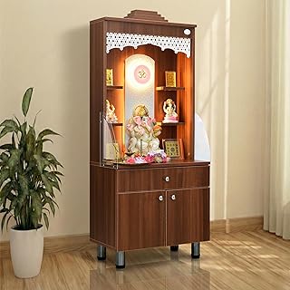 The Mandir Store Wooden Home Temple for Pooja Room with LED Lights & Storage | Premium Mandir 23.65 x 14 x 56.85 Inches | Walnut Laminated Suede Finish