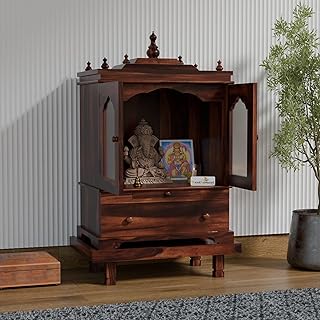 3 Feet Wooden Temple for Home | Pooja Mandir, Puja Ghar Mandap with 1 Drawer Storage, 2 Glass Door Cabinet, Pooja Choki & Dhoop Batti Slider Stand, Solid Wood Sheesham, Walnut Finish