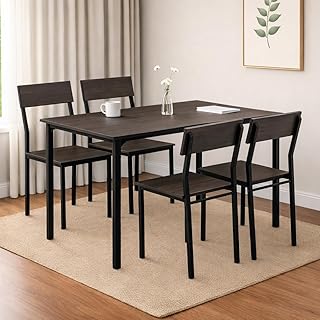 Dining Table Set of 4, 4 Seater Dining Table with Chairs, Engineered Wood Top & Metal Frame, Space Saving Compact Rectangular Dining Table for Home & Kitchen (Dark Maple- DIY)
