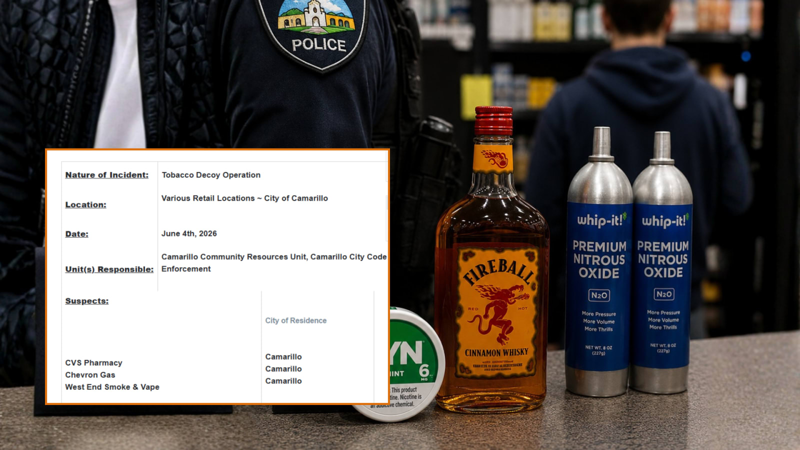 Camarillo stores caught selling tobacco, alcohol and nitrous oxide to underage decoy.