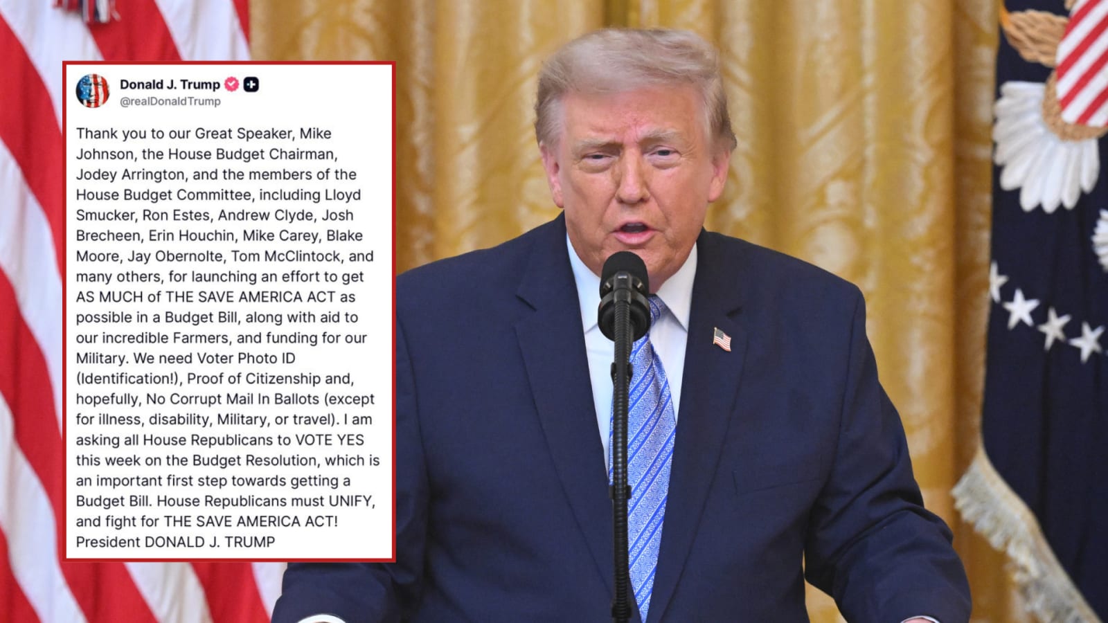 Trump urges House Republicans to pass budget resolution as first step toward voter ID and citizenship requirements.