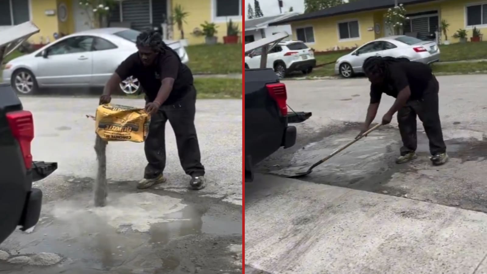 Viral Video Shows Man Dumping Bag of Dry Concrete Mix Directly Into Pothole to Fix Road