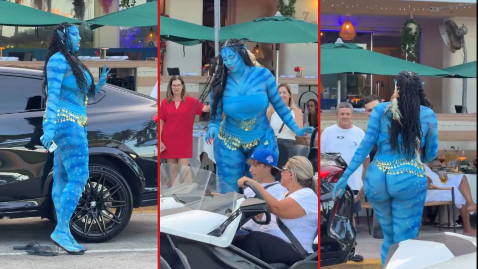 A woman in full Avatar paint walks through a restaurant parking lot and the clip takes off.