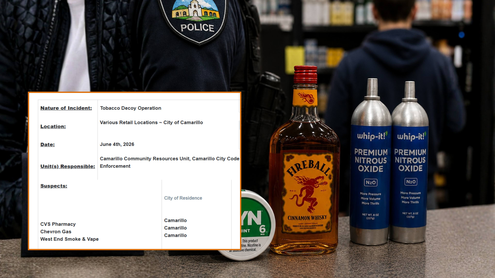 Camarillo stores caught selling tobacco, alcohol and nitrous oxide to underage decoy.