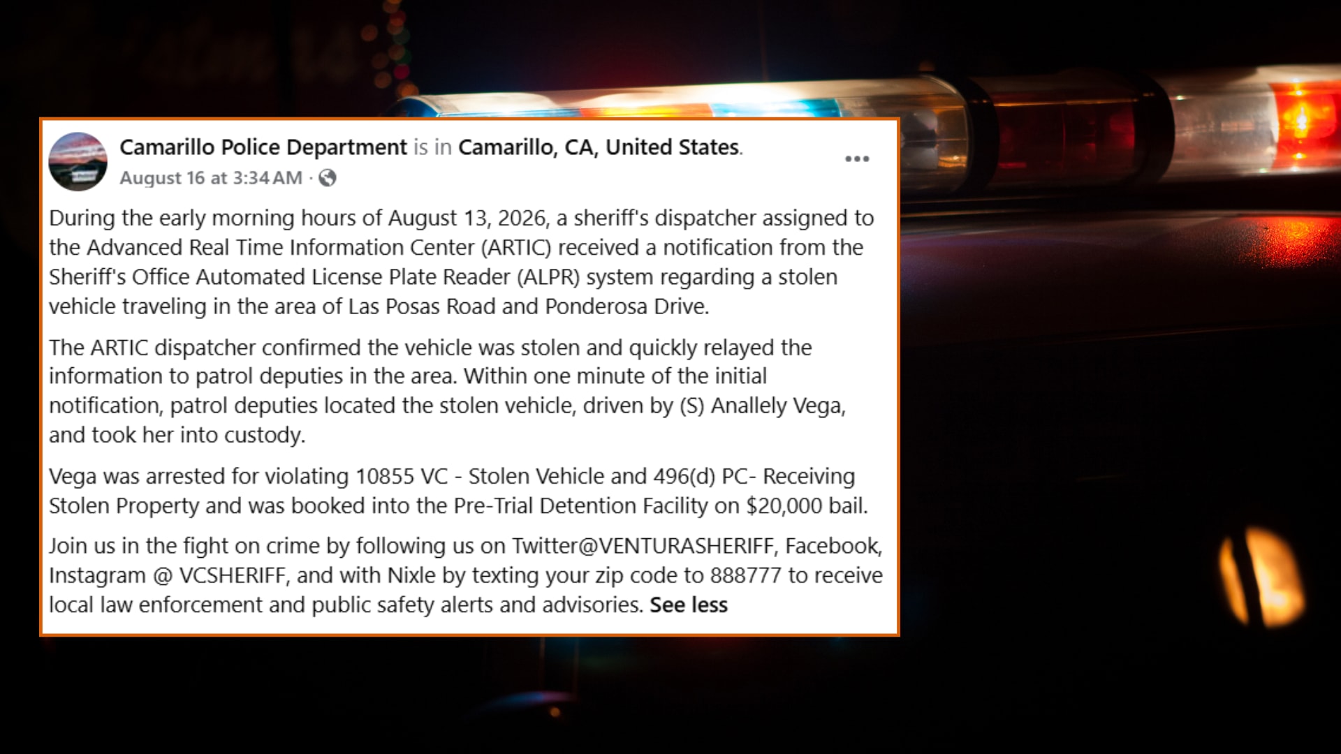 Stolen Car Recovered in Camarillo Within One Minute of ALPR Alert
