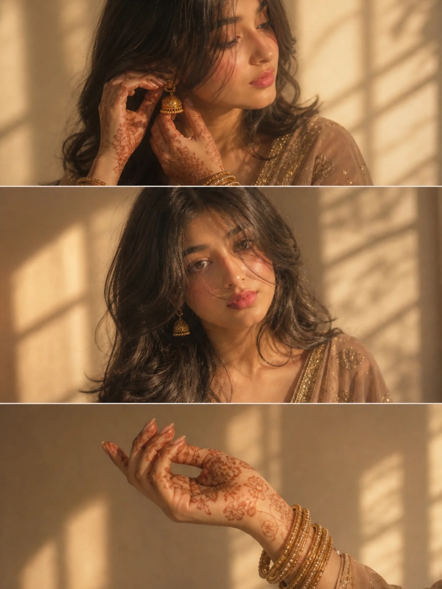 Indian Mehendi Portrait Collage – woman in an open field, AI image made with Nano Banana Pro