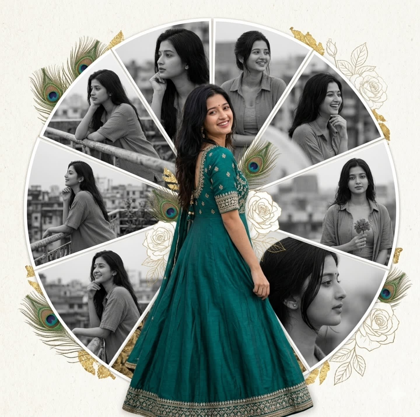 Peacock Green Dress Photo Collage – woman in a dress, AI image made with Nano Banana Pro