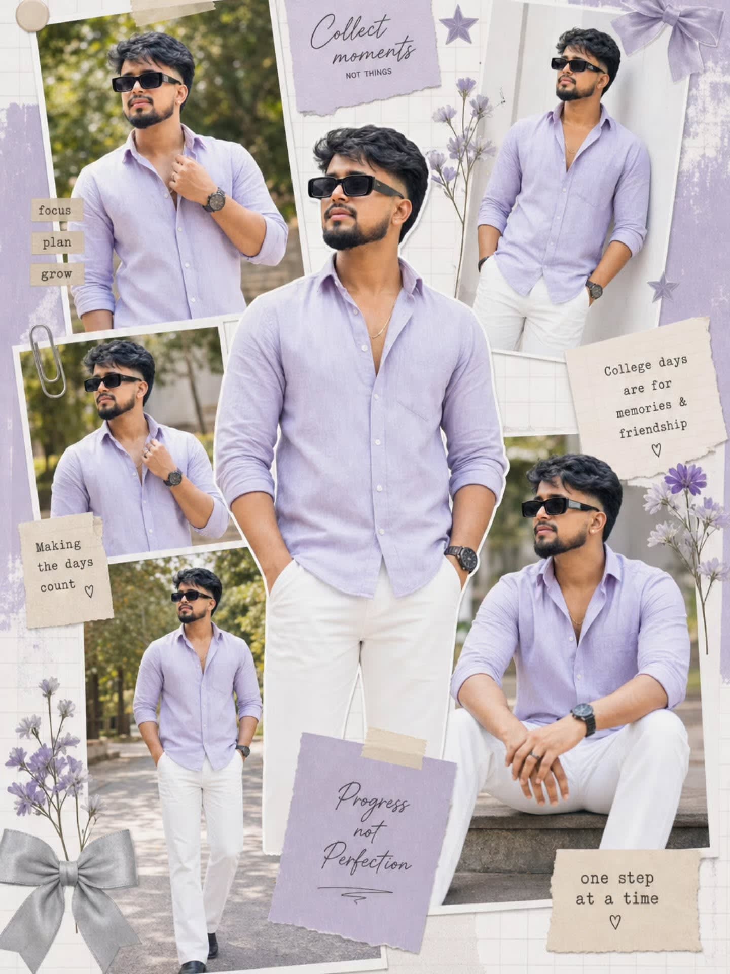 Dreamy Scrapbook College Aesthetic (Soft Masculine Lavender Look) – man in sunglasses, AI image made with Nano Banana Pro