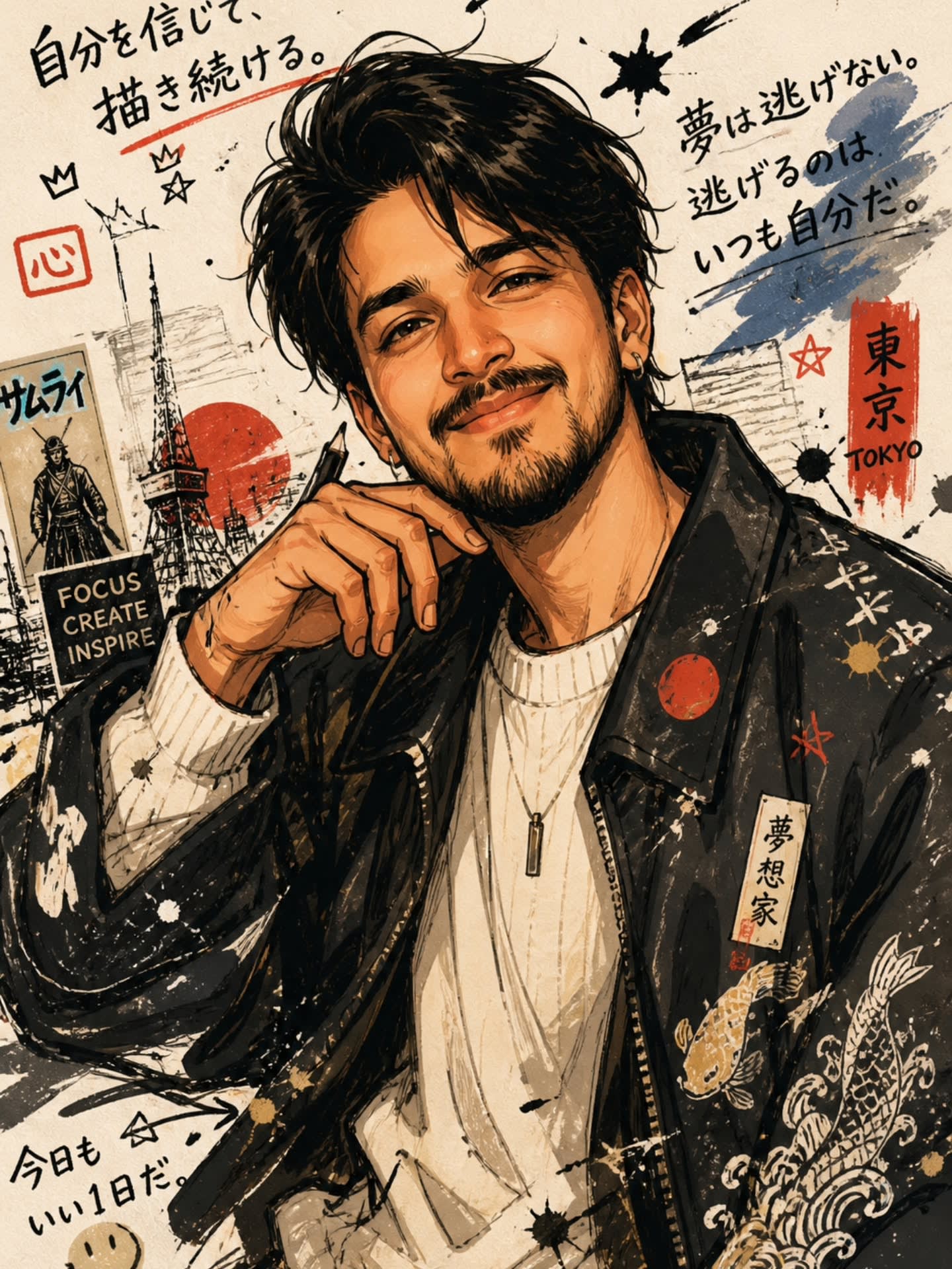 Japanese Doodle Ink Splash Portrait, AI image made with ChatGPT