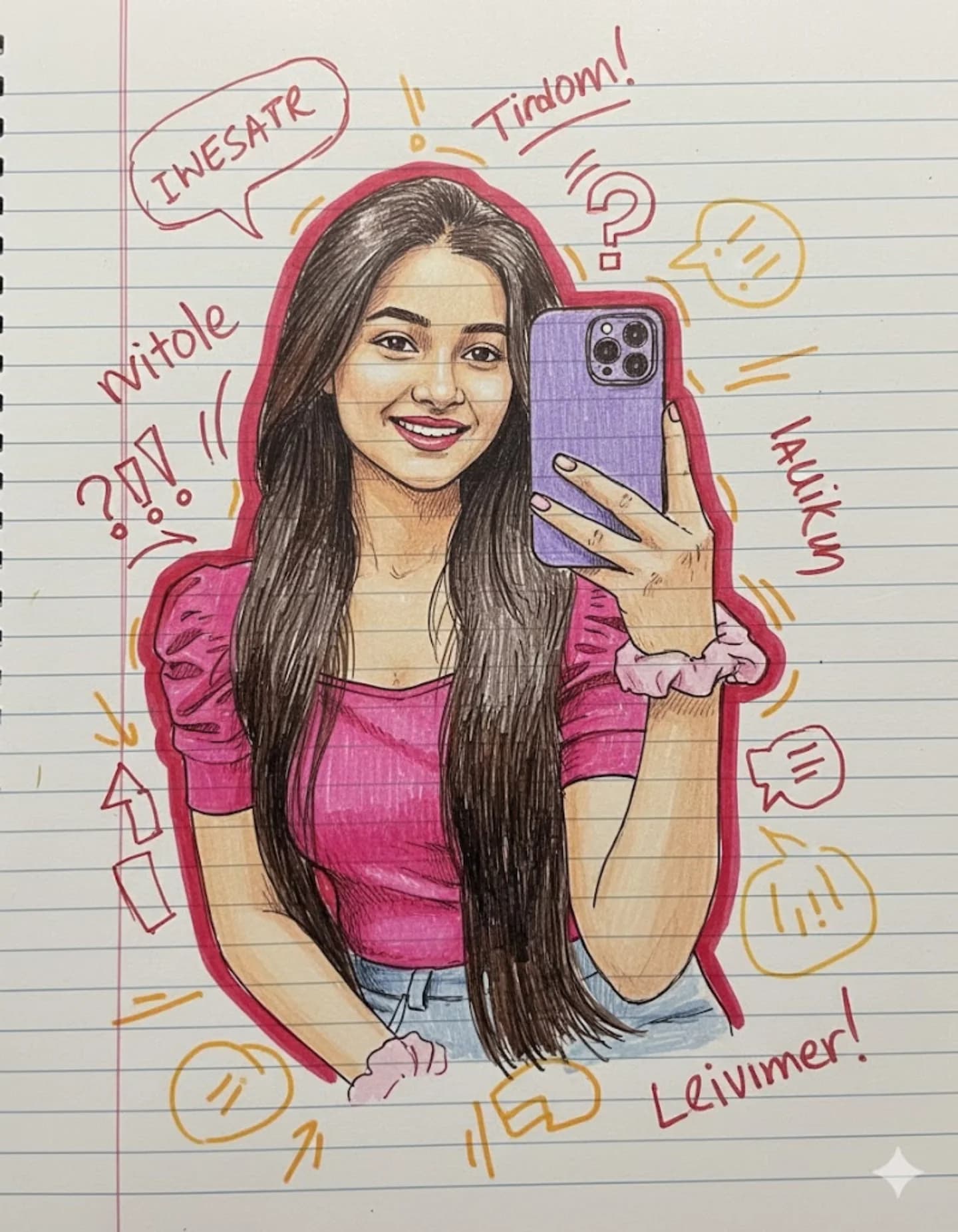 Red Yellow Notebook Doodle Portrait, AI image made with Nano Banana Pro