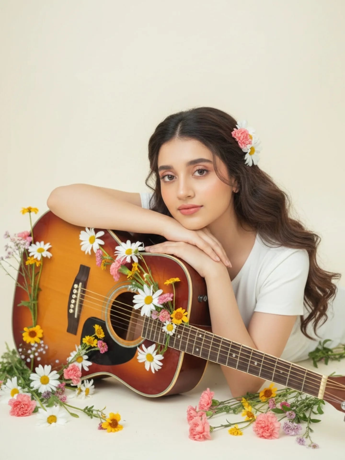 Dreamy Floral Guitar Studio Portrait – woman in a photo studio, AI image made with ChatGPT