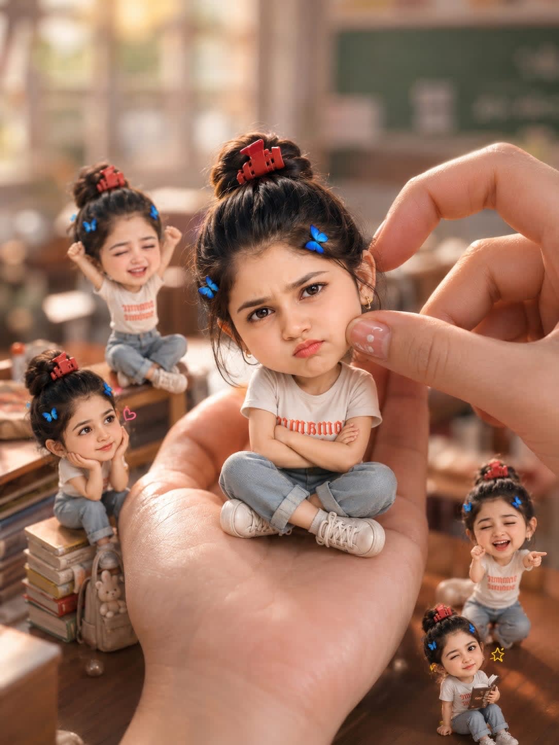 Tiny Chibi Hand Portrait Trend – woman in a classroom, AI image made with ChatGPT